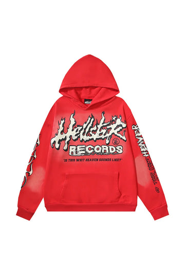 Portrait badge, red hoodie